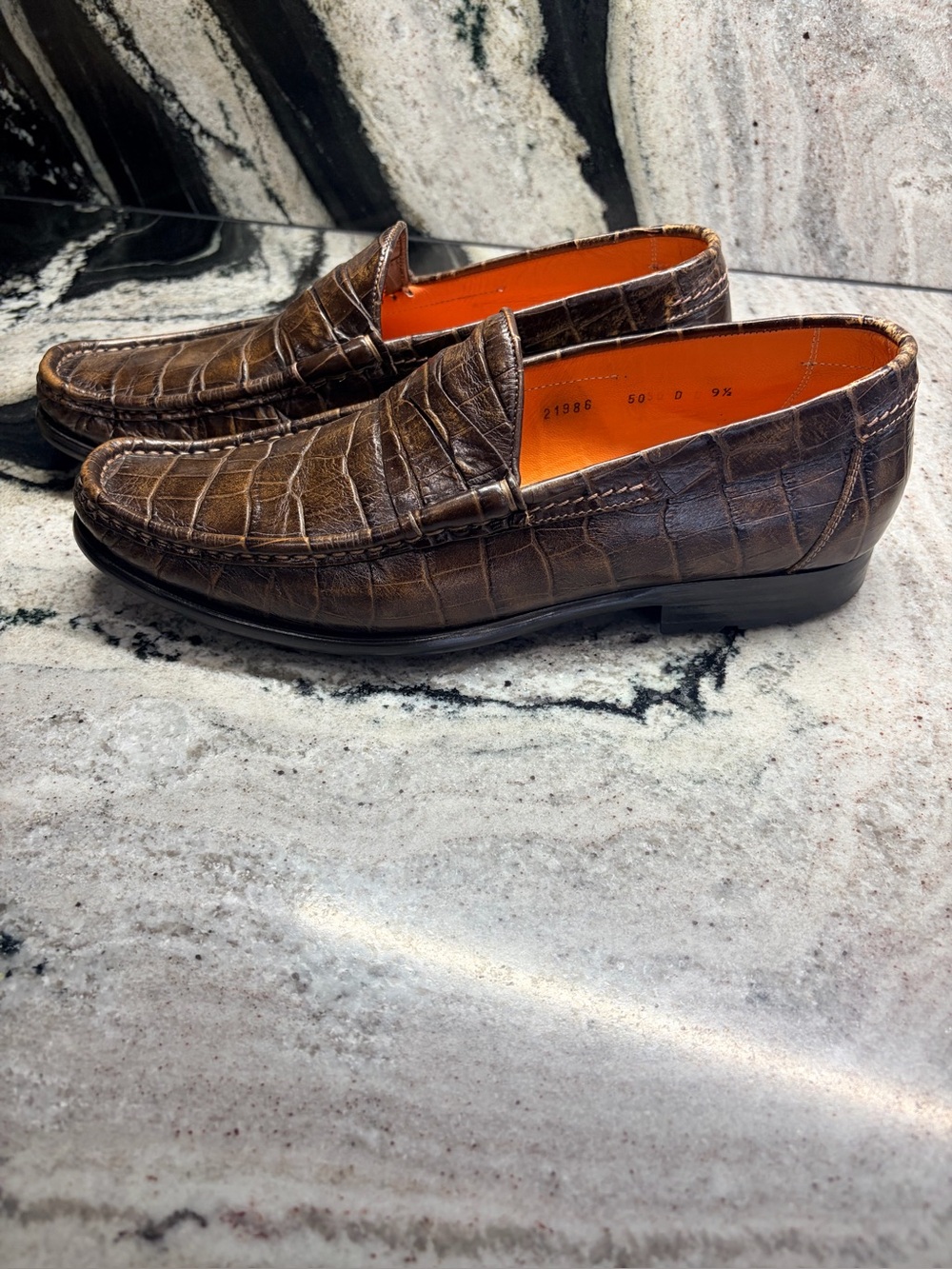 Santoni Croc Embossed Penny Loafers Brown Leather US 10 UK 9.5 Italy